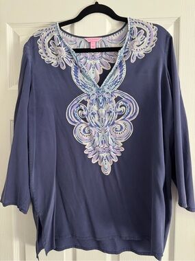 Lilly Pulitzer Navy Tunic with Pastel Embroidered Yoke
